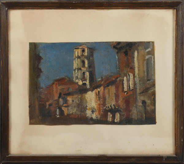 Veduta di chiesa, XX secolo, olio su cartoncino, cm 20x30 entro cornice