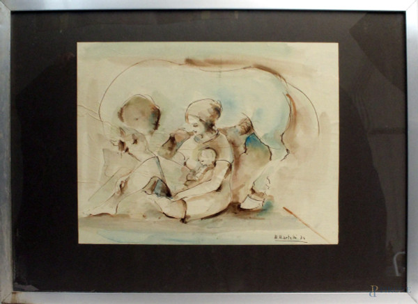 La Maternit&#224;, acquarello su carta, cm. 48x35, firmato Martelli , XX sec, entro cornice.