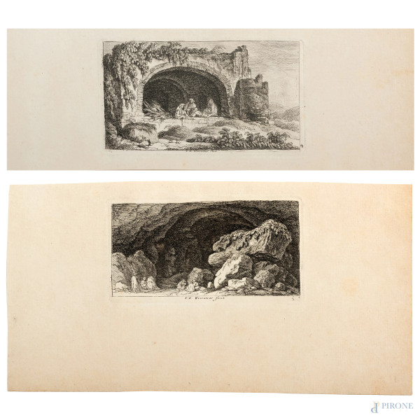 F.E. Weirotter (1733-1771), Coppia di acqueforti tratte dalla serie "Viaggi in italia", misure massime foglio cm 13x25, (lievi segni di usura e tracce di umidità)