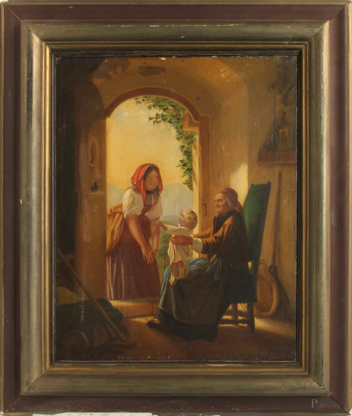 Interno famigliare, olio su tela, cm 58x46, XIX sec., entro cornice.