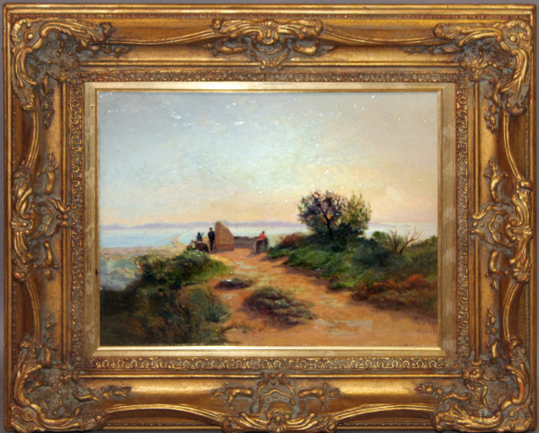 Paesaggio con sentiero e figure, olio su tela, cm 42x33, entro cornice firmato.