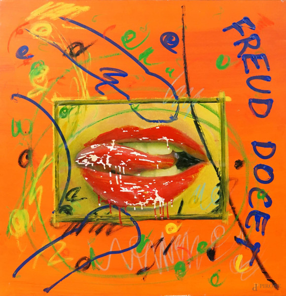 Enrico Manera - Freud Docet, tecnica mista su tela, cm 80,5x80,5, (cadute di colore)