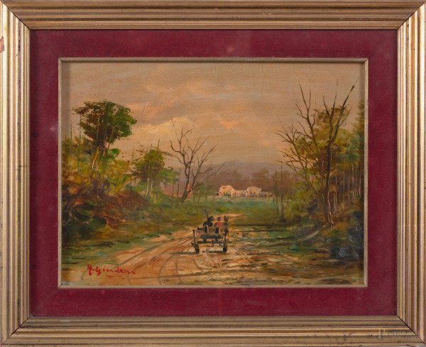 Calesse sul sentiero, XX secolo, olio su faesite, cm 30x40, firmato in basso a sinistra, entro cornice