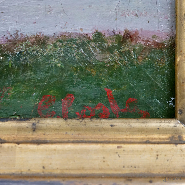 Scuola italiana del XIX secolo, Paesaggio al tramonto, olio su tela, cm 20x40, entro cornice