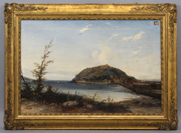 Veduta dell'Isola d'Elba, olio su tela, cm 50x73, XIX secolo, entro cornice, (difetto alla tela)