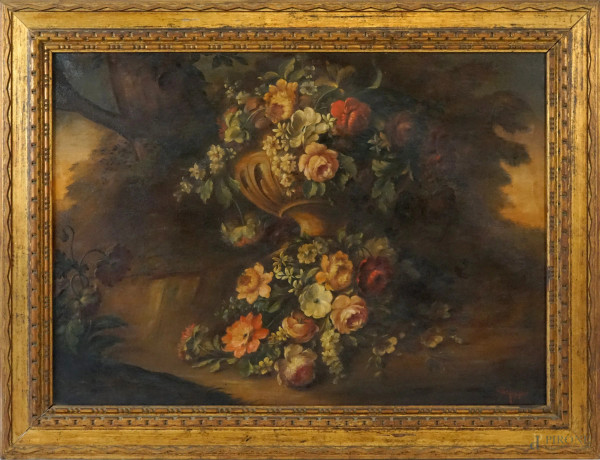 Vaso con fiori, olio su tela, cm 79x109, firmato, entro cornice.