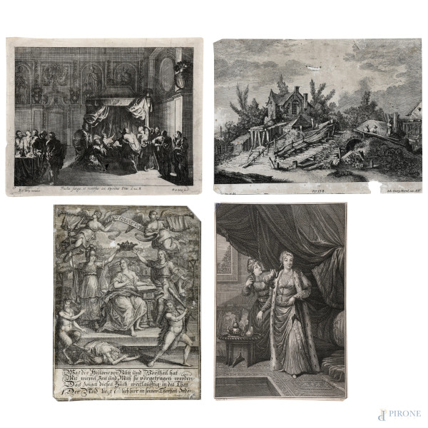 Lotto di quattro incisioni su carta, XVIII-XIX secolo, misure massime cm 31x21, (segni di usura, tracce di umidità, gore, foxing, lacerazioni della carta, tracce di piegatura)