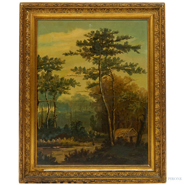 Scorcio di bosco con figura e casa, olio su tela, XIX-XX secolo, cm 64,5x48, entro cornice