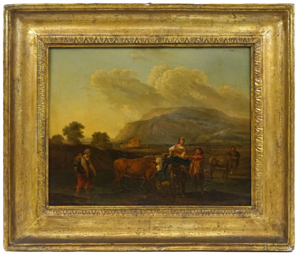 Pittore del XVIII secolo, Paesaggio con figure e bovini, olio su tavola, cm 34,5x45, entro cornice.