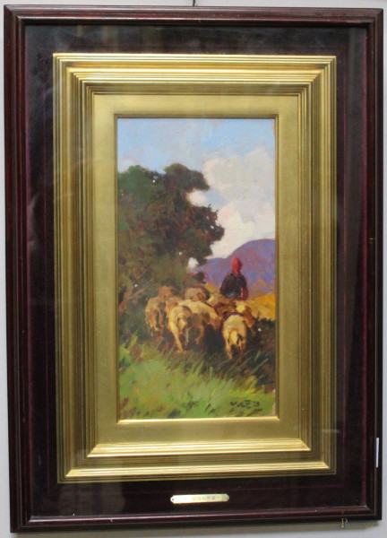 Angiolo Volpe - Pastorella con gregge, olio su tavola, cm 20 x 38, entro cornice.