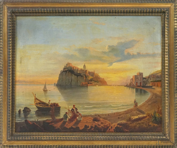 Scuola napoletana del XIX secolo, Ischia al tramonto, olio su tela, cm 57x5x73,5, entro cornice.