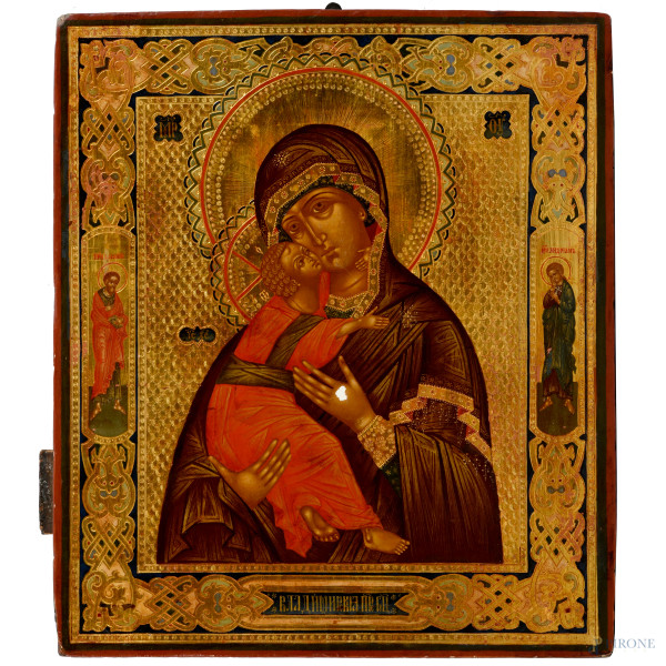 Icona raffigurante Madonna con Bambino, XIX secolo, cm 31,5x27,5, (scalfiture, cadute di colore)