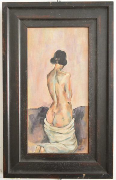 Nudo di fanciulla, olio su masonite 38x19 cm, entro cornice firmato.