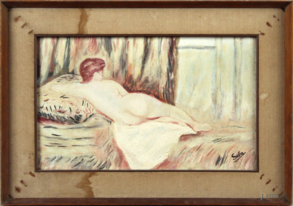 Nudo di donna sdraiata, olio su cartone telato 24x38 cm, firmato Sebastiano Parasiliti, entro cornice.