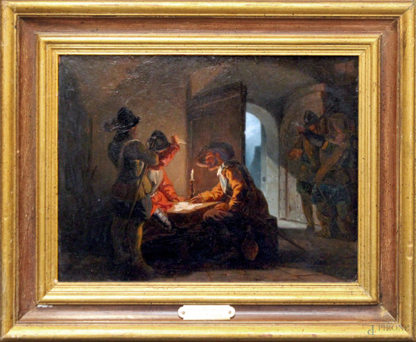 Bartolomeo Giuliano - Interno con giocatori di carte, olio su tela, cm 27 x 35, entro cornice.