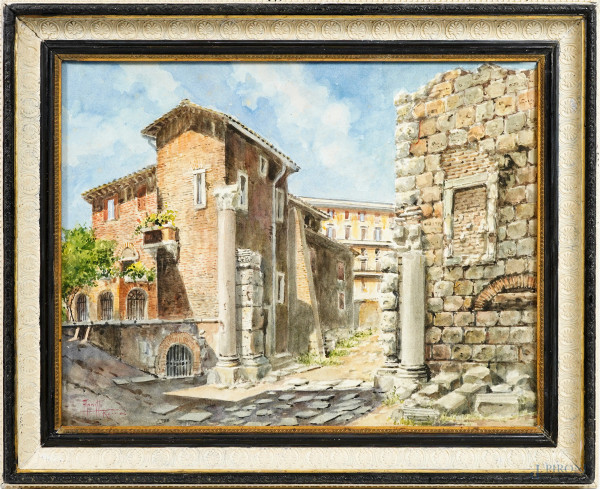 Scorcio di Roma, acquerello su carta, firmato, cm 43x55, entro cornice