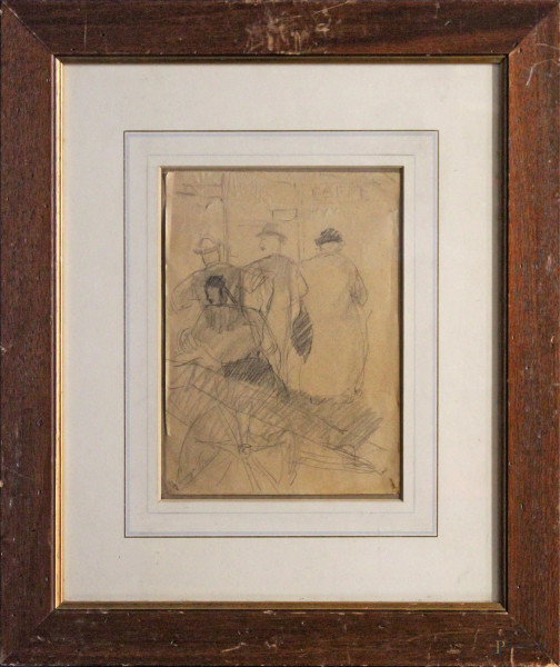 Figure e carretto, matita su carta 24x18 cm, firmato entro cornice.