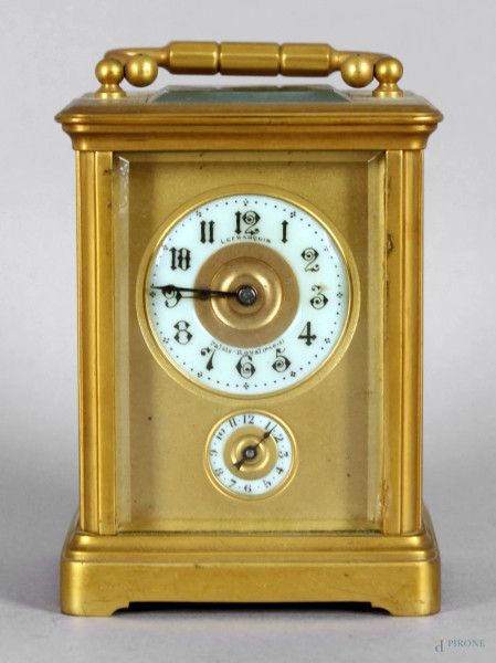 Orologio cappuccina in bronzo dorato con quadranti smaltati marcati Le Francoise, altezza 12 cm, (da revisionare).