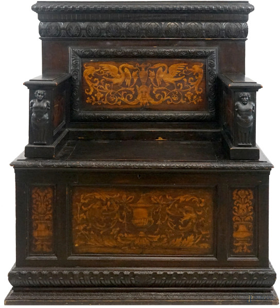 Panca in legno ebanizzato ed intarsiato, Lombardia, XIX secolo, cm h 123x102,5X50, (difetti).