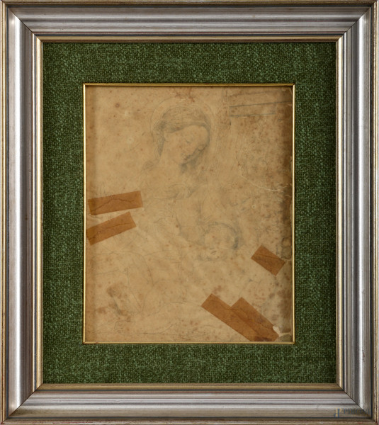 Madonna con Bambino, disegno su carta, cm 29x23 entro cornice, (foxing, gore, tracce di usura, strappi, difetti)