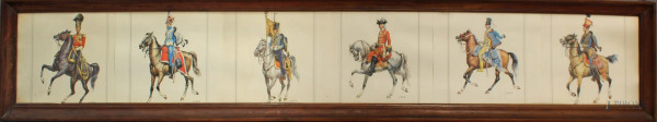 Lotto composto da sei stampe raffiguranti ufficiali della cavalleria, cm 30 x 175, entro unica cornice.