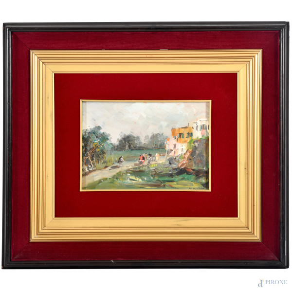 Francesco Di Marino, (Napoli 1892 - 1954), Scorcio di paesaggio con figure, olio su cartone, cm 23x32,5 entro cornice, firmato in basso a destra (cartone lievemente imbarcato)