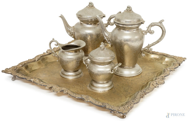 Servizio da thè/caffè in metallo argentato,  Royal Matic, XX secolo, misure max vassoio cm 3,5x47x47, (segni del tempo)