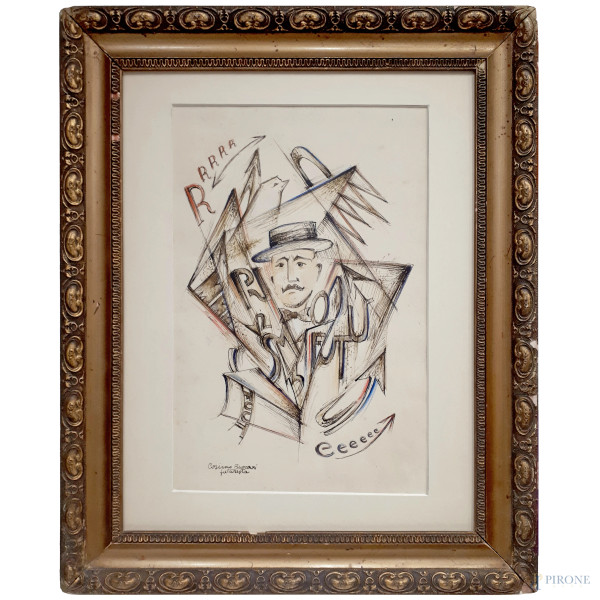 Cosimo Buccari (XX sec.) Composizione con parole libere, tecnica mista su carta, cm 33x22, firmato “Cosimo Buccari Futurista” in basso a sinistra, con cornice