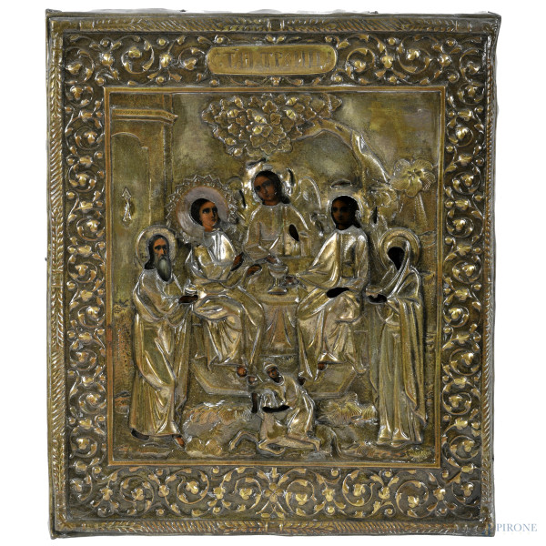 Icona raffigurante scena cristologica con riza in metallo dorato riccamente cesellata, XIX secolo, tempera su tavola, cm 31x26 (segni di usura, difetti)