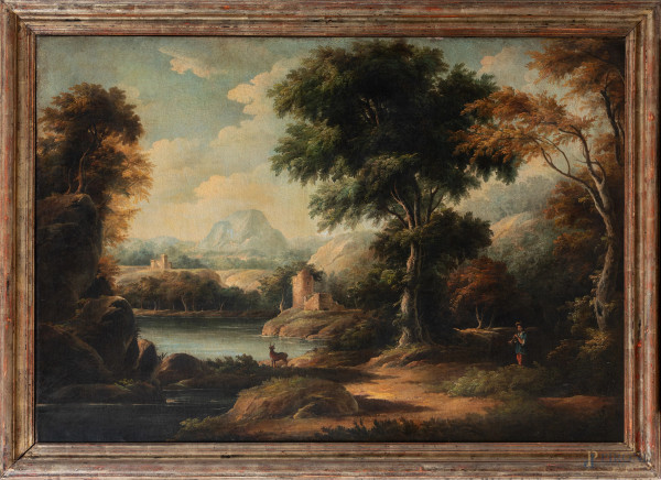 Paesaggio, XX secolo, olio su tela, cm 90x129, entro cornice, (segni di usura, craquelure, piccole cadute di colore, difetti)