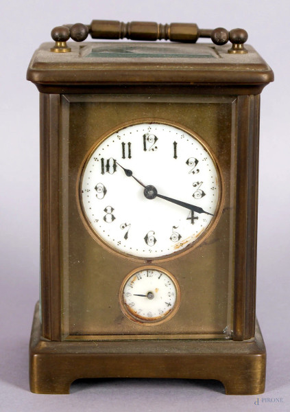 Orologio cappuccina in bronzo e vetro con quadranti smaltati, altezza 15 cm, primi &#39;900, (da revisionare).