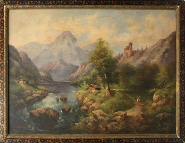 Paesaggio boschivo con ruscello di montagna, olio su tela, cm 85x110, firmato Wildnerm e datato 1900.