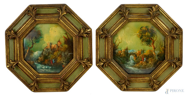 Coppia di miniature raffiguranti paesaggi, olio su rame, cm 9x9, firmate, entro cornici ottagonali