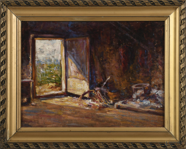 Interno di stalla, XX secolo, olio su cartone, cm 33x44, firmato in basso a destra, entro cornice, (cartone imbarcato, segni di usura)