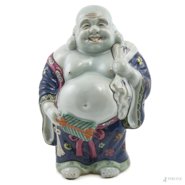Buddha in porcella policroma, XX secolo, altezza cm 31, (segni di usura)