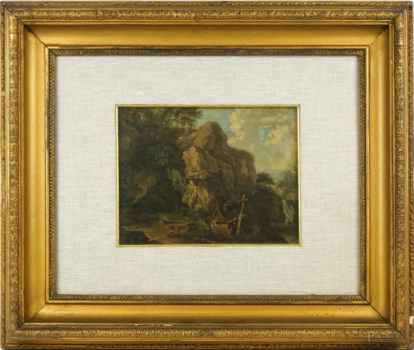 Pittore del XIX secolo, Paesaggio con eremita, olio su tela, cm 22x27,5, entro cornice