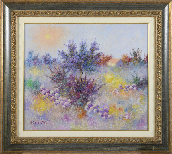 Antonio Pasciuti (1937-2021), Paesaggio primaverile, olio su tela, cm 60x70, firmato in basso a sinistra e al retro per autentica,  entro cornice