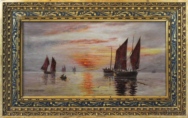 Marina al tramonto, olio su tavola, cm 19x36, firmato, entro cornice.