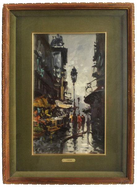 Scorcio di strada con figure, olio su tela, cm 47x37, firmato Tomasi Massimo, entro cornice.