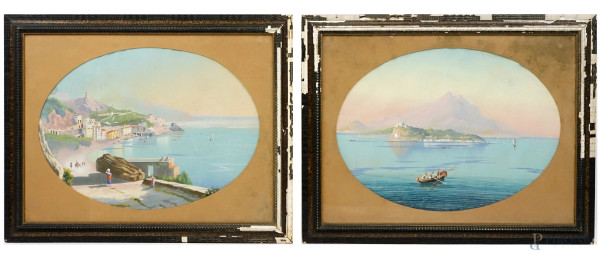 Golfo di Napoli, coppia di gouaches su carta, cm 47x64, inizi XX secolo, entro cornici, (difetti)