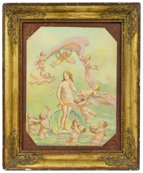 Nascita di Venere, olio su tela applicata su tavoletta, cm 32x25, XX secolo, entro cornice