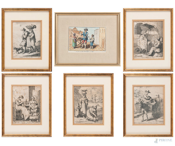 Lotto composto da cinque stampe da Bartolomeo Pinelli e una stampa a colori raffigurante venditore di zeppole (Napoli), XIX-XX secolo, misure massime cm 25x20 compreso passepartout, entro cornice, (ondulazioni della carta, foxing, tracce di umidità)