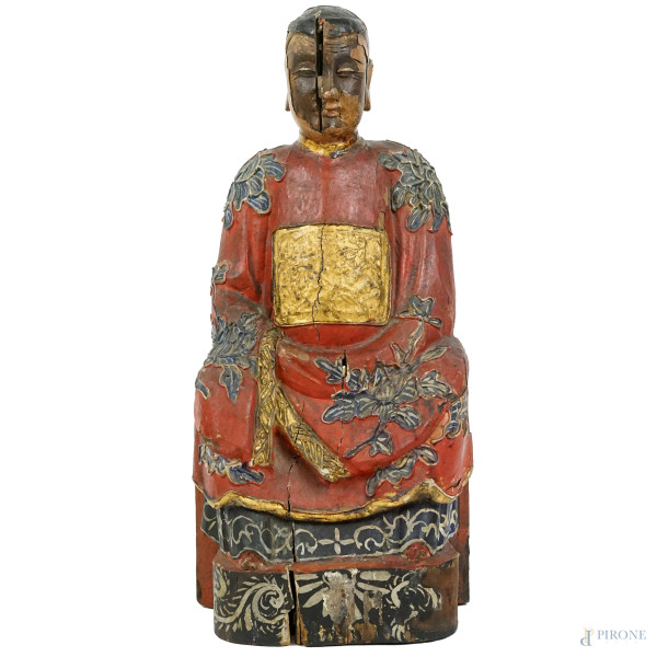 Saggio, scultura in legno intagliato e dipinto, cm h 46,5, Cina, XX secolo, (difetti).