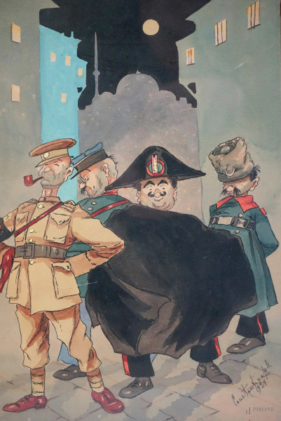 Vignetta satirica, Scorcio di Costantinpoli con Carbabiniere e altre forze dell'ordine, tecnica mista su carta, cm 28x18,5, datata 1824, entro cornice