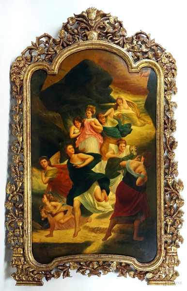 Scena mitologica, olio su tela, cm 176,5x107,  firma in basso a destra, entro cornice