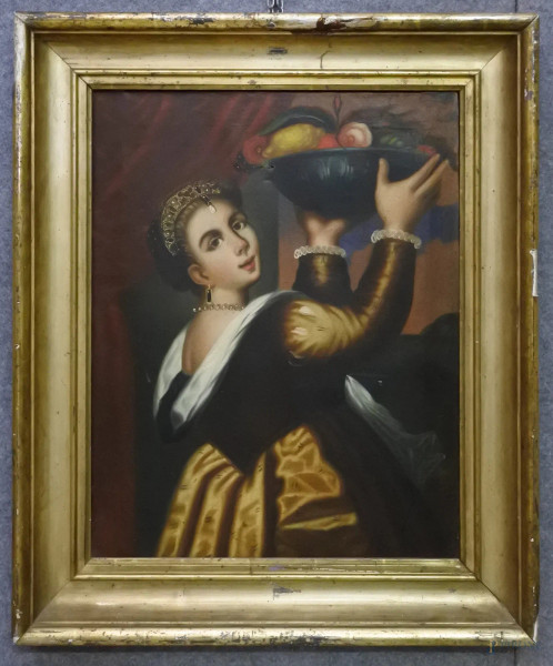 Fanciulla con cesta di frutta, dipinto dell&#39;800 ad olio su tela 49x59 cm, entro cornice.
