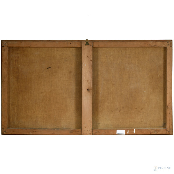 Paesaggio fluviale con paese e figure, XVIII secolo, olio su tela, cm 64x115,5, (difetti)