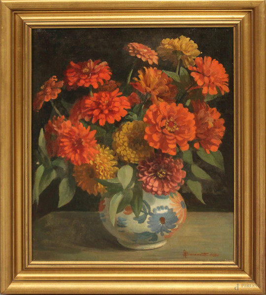Arturo Barazzutti - Natura morta con vaso e fiori, olio su tela, cm 60x50, datato 1937, entro cornice.