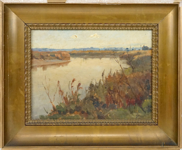 Giuseppe Malagodi - Paesaggio fluviale, olio su tavola, cm 30x40, entro cornice.