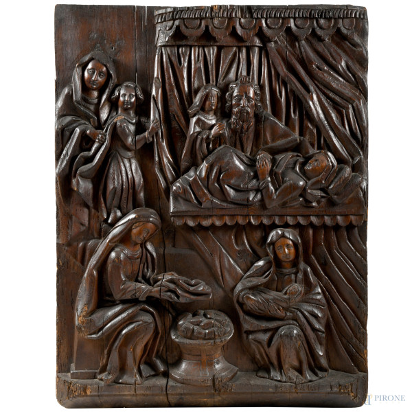 Scuola tedesca del XV - XVI secolo, pannello in rovere intagliato raffigurante scene bibliche, cm 131x101x10, (lievi scalfiture)